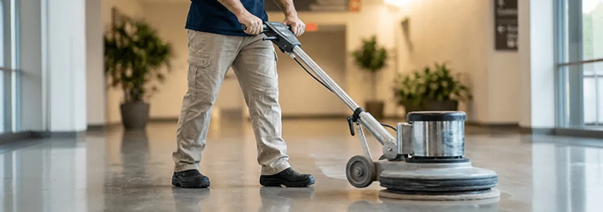 Professional technician using an industrial floor buffer to polish and maintain shiny commercial flooring in a corporate hallway in Arvada, CO.